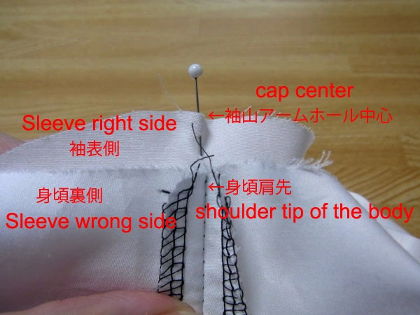 Matching the sleeve cap center with the shoulder tip when attaching sleeves to the armhole