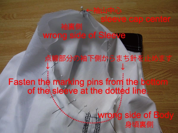 Pinning the sleeve to the armhole evenly from the underarm side