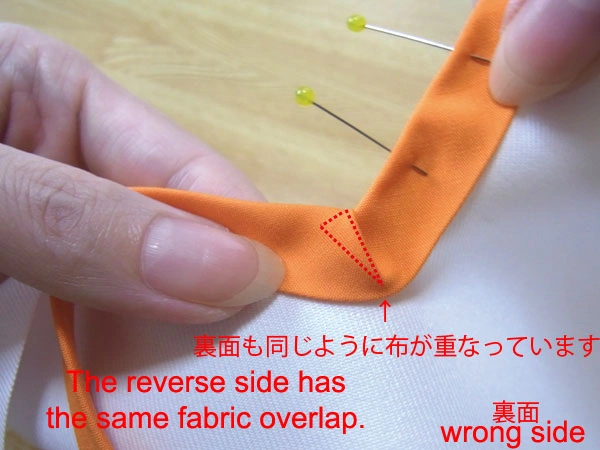 Reverse side fabric overlap with bias tape