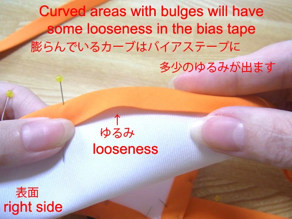 Looseness created in the bias tape on a bulging curve