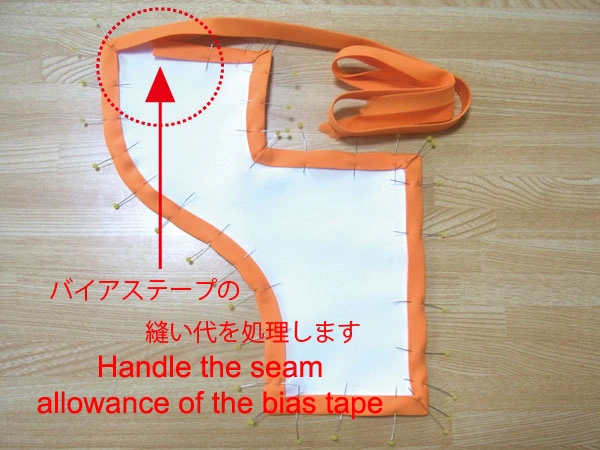 Finished bias tape wrapped along the curve