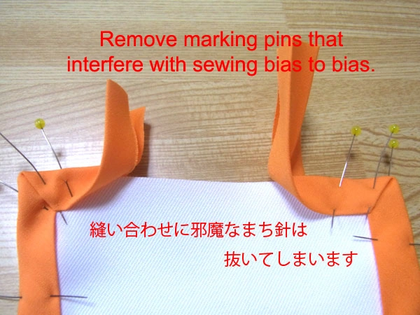 Preparing to sew bias tapes together