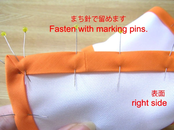Fastening finished bias tape with marking pins