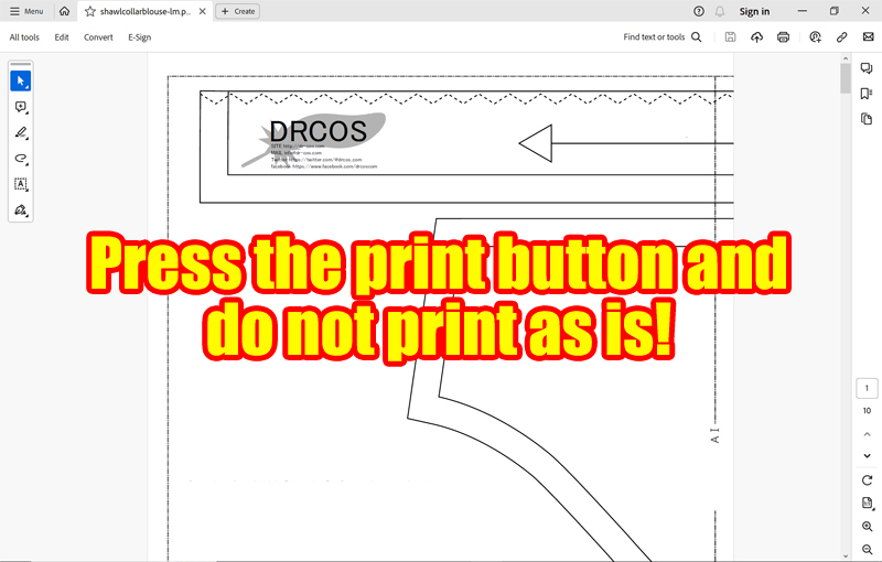 Image of how to set up printing of pattern using Adobereader