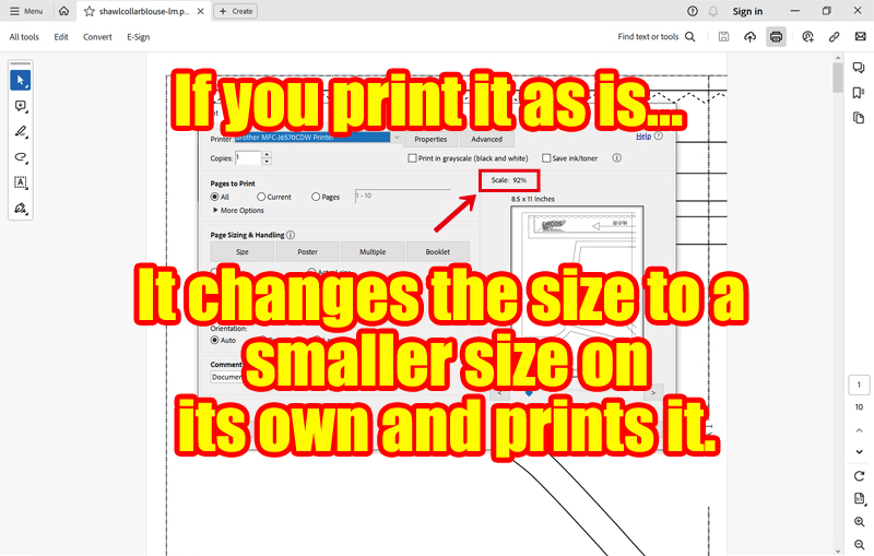 Image of how to set up printing of pattern using Adobereader