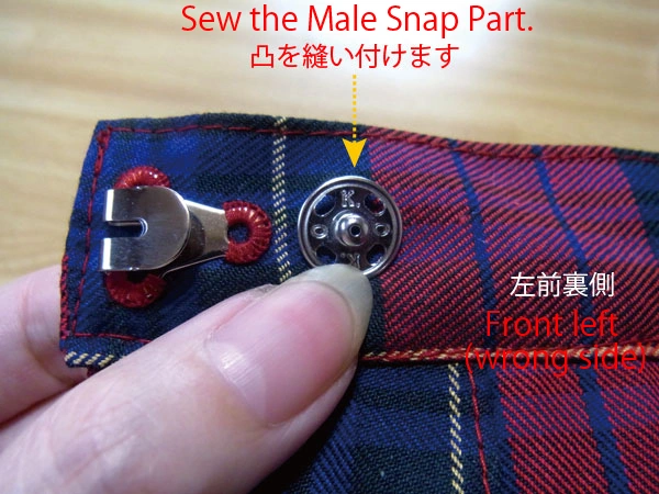 Male and female snap parts prepared for sewing